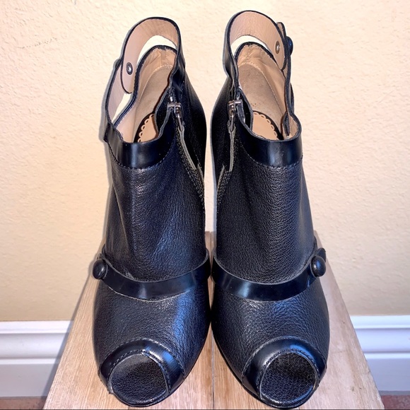 BEBE BLACK LEATHER PEEP TOE PLATFORM BOOTE - Picture 7 of 9